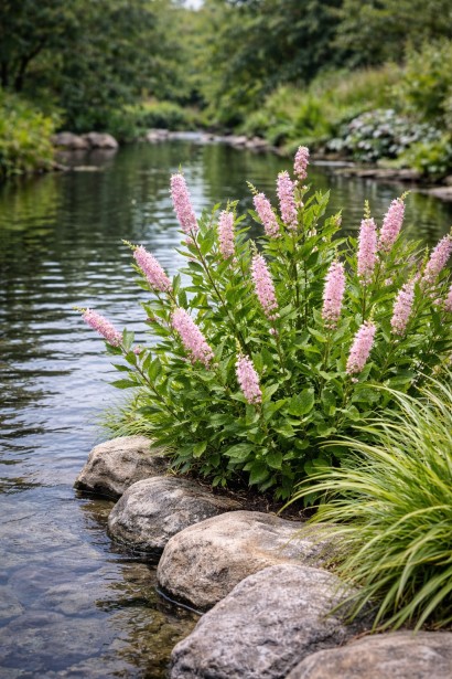 Clethra Pink Spire біля водойми